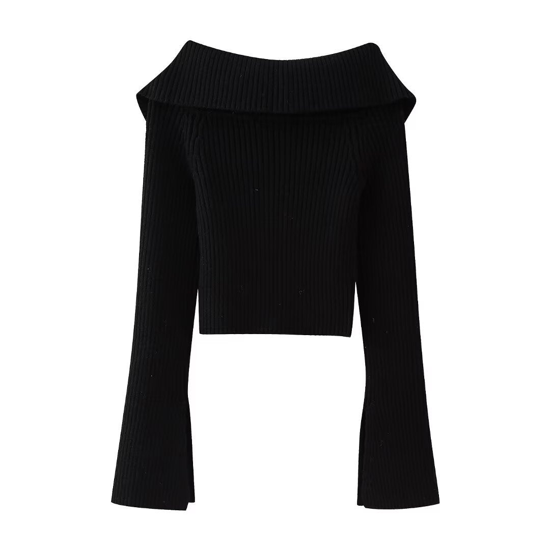 Women’s Short Cut Ribbed Knit Jacket with Wide Off-Shoulder Collar and Full-Length Zipper Mune Fashion