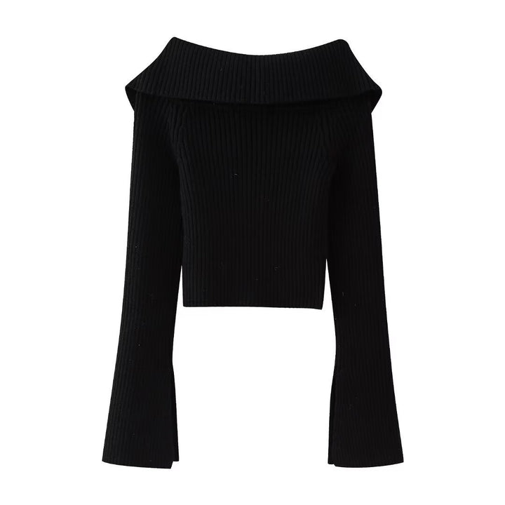 Women’s Short Cut Ribbed Knit Jacket with Wide Off-Shoulder Collar and Full-Length Zipper Mune Fashion