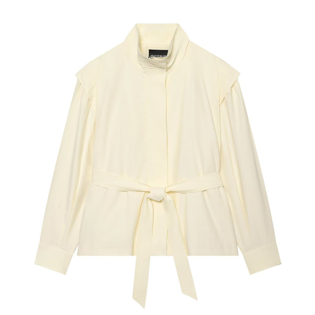 Women Lightweight Tailored Jacket with Stand Collar, Tied Belt and Cape Sleeve Detail Mune Fashion