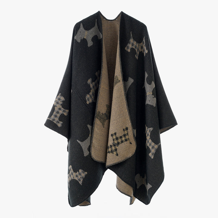 Women's Reversible Wool Blend Cape with Terrier Jacquard Pattern Mune Fashion