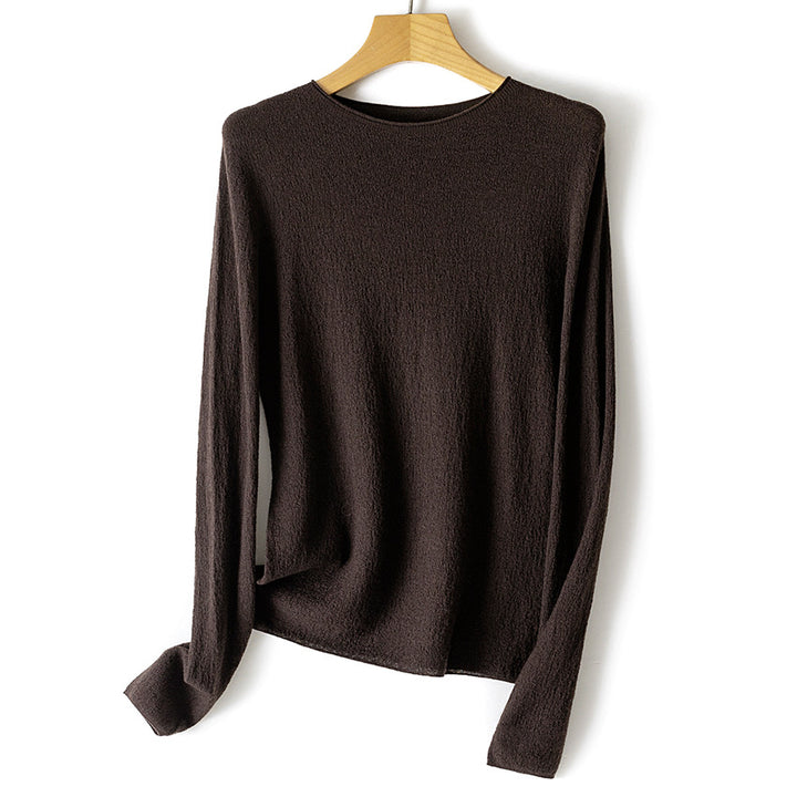Women Lightweight Structured Long Sleeve Knit Sweater with Round Neck and Fine Crinkle Look Mune Fashion