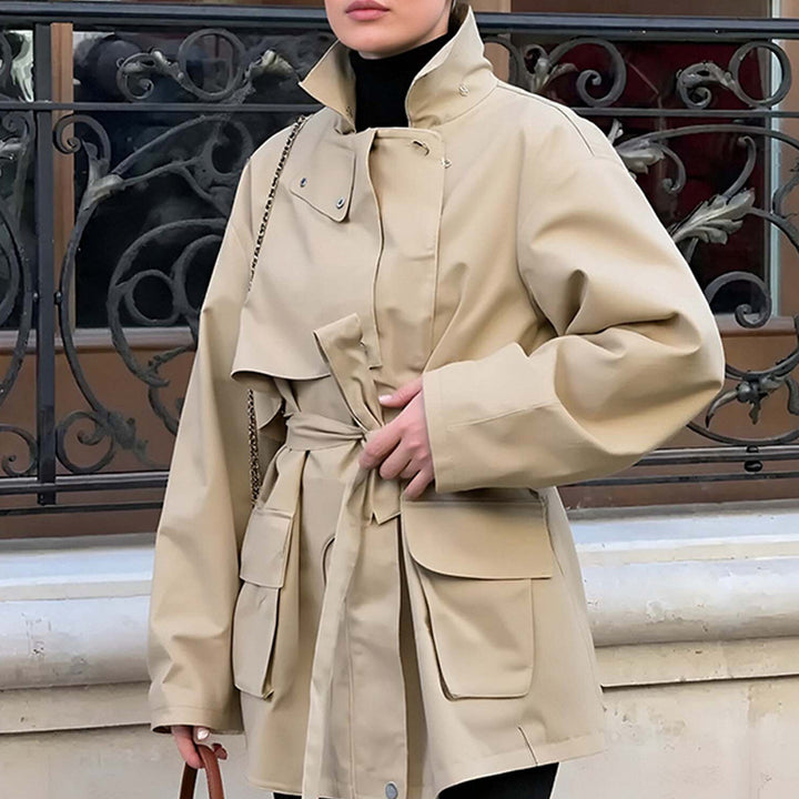 Women's Tailored Transition Jacket with Stand Collar, Shoulder Cape and Belt Mune Fashion