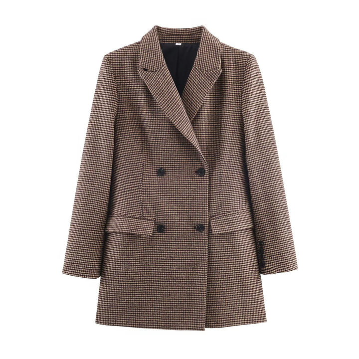 Women's tailored double-breasted blazer coat with houndstooth pattern and flap pockets Mune Fashion