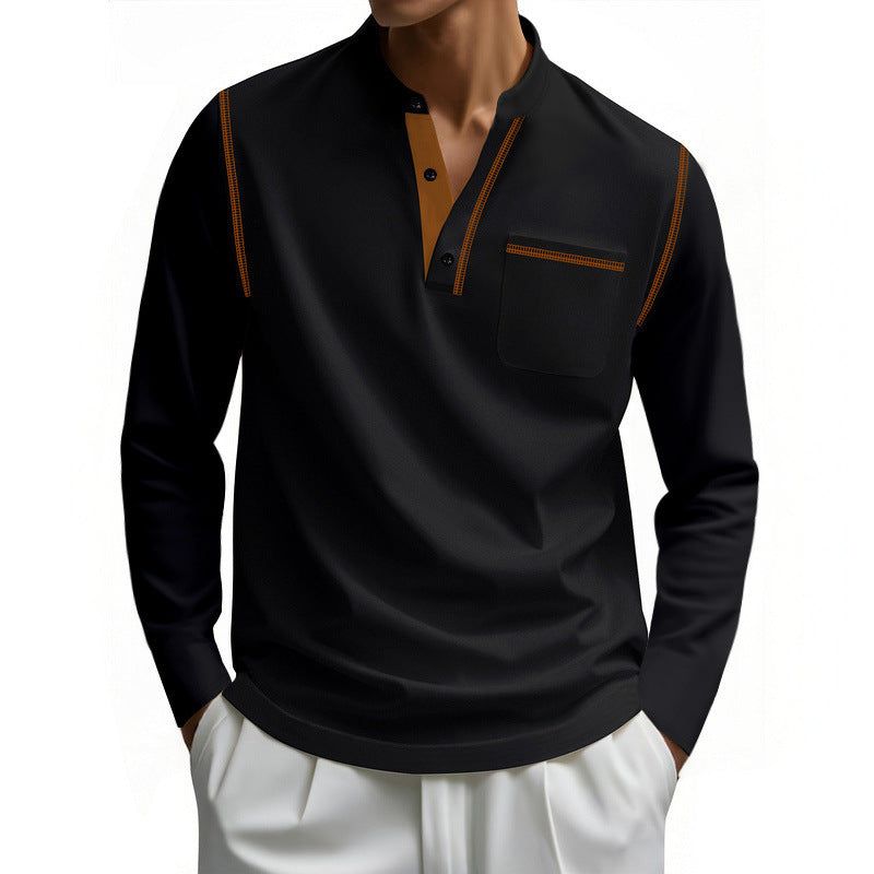 Men's long-sleeve cotton Henley with stand-up collar, chest pocket, and decorative seams Mune Fashion