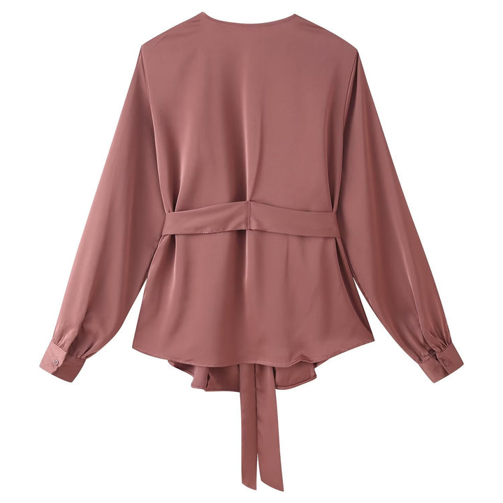 Women's elegant wrap blouse with waist belt and deep V-neck Mune Fashion