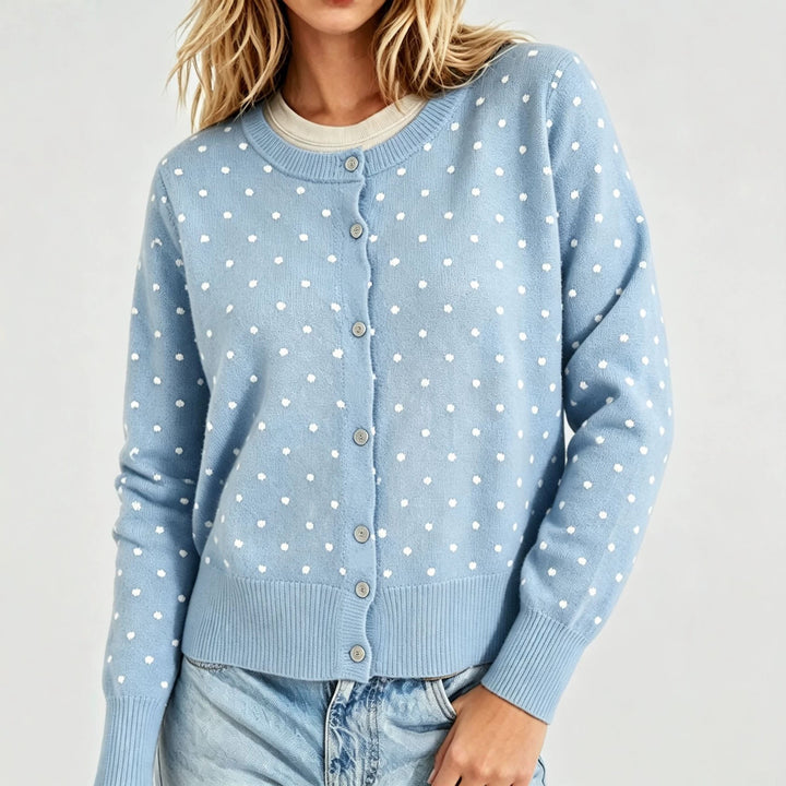 Women's Dotted Fine Knit Cardigan with Round Neck and Ribbed Cuffs Mune Fashion