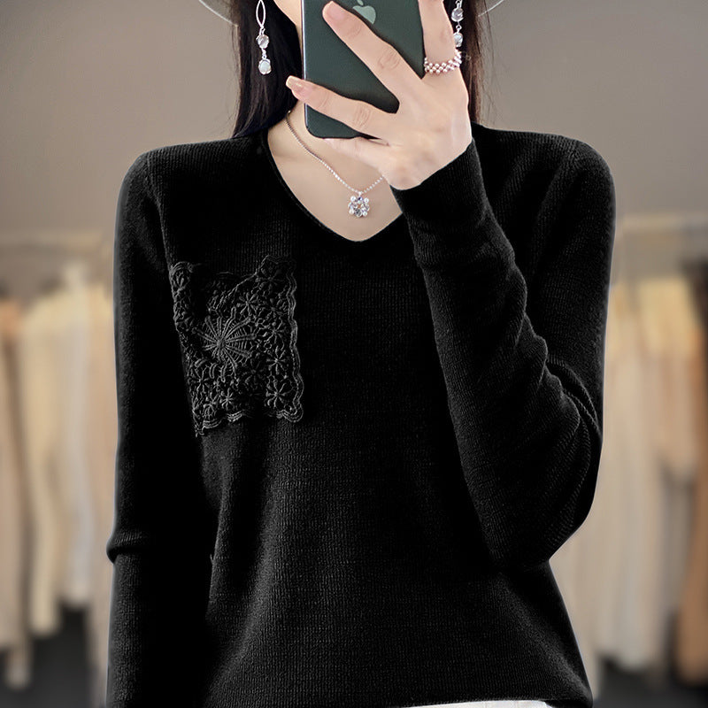 Women's Cashmere-Look V-Neck Sweater with Floral Crochet Appliqué Mune Fashion