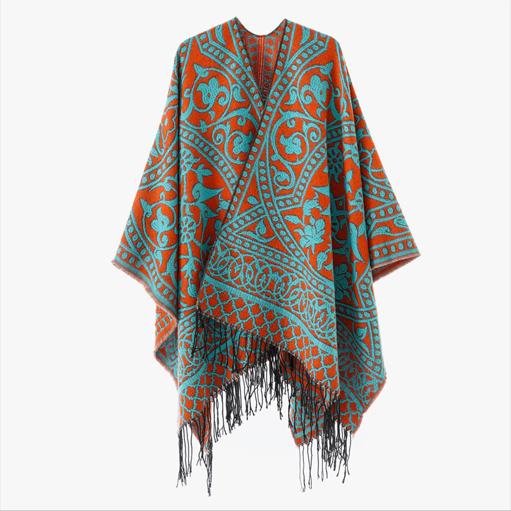 Women’s jacquard poncho with oriental ornament pattern and fringe hem Mune Fashion