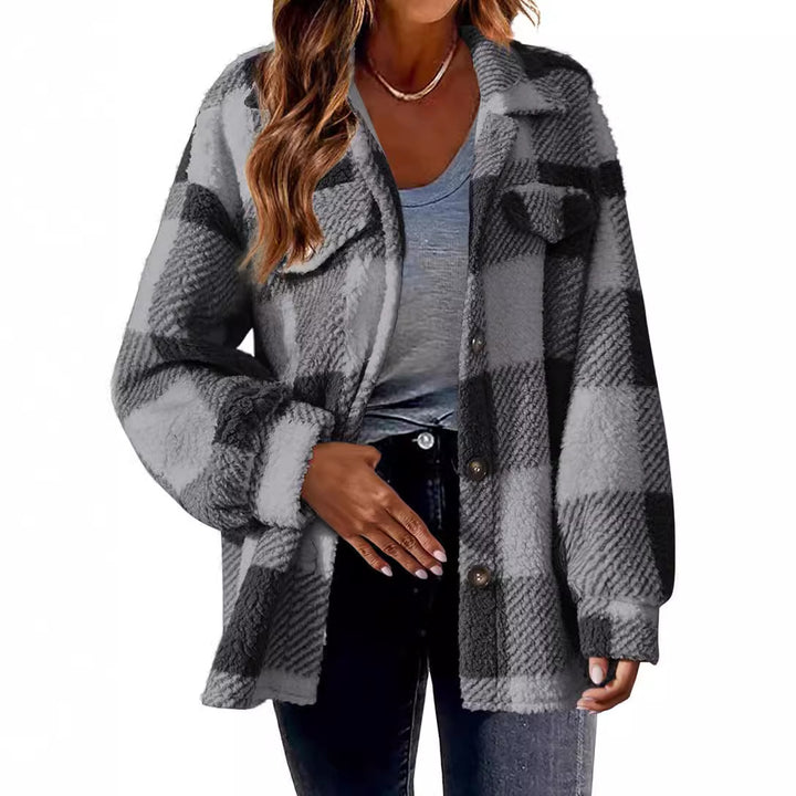 Women's cozy Sherpa check transitional jacket with chest pockets and generous oversized cut Mune Fashion