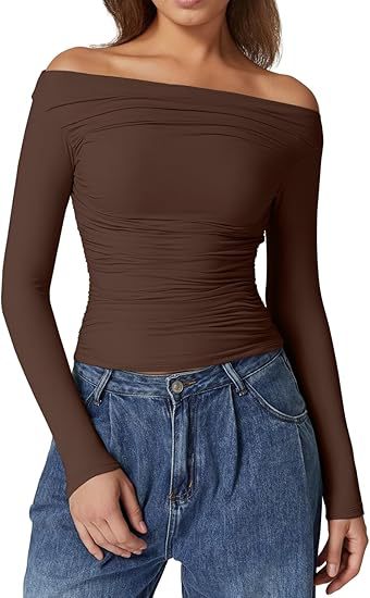 Women's Off-Shoulder Tailored Stretch Long Sleeve with Gathering and Figure-Hugging Silhouette Mune Fashion