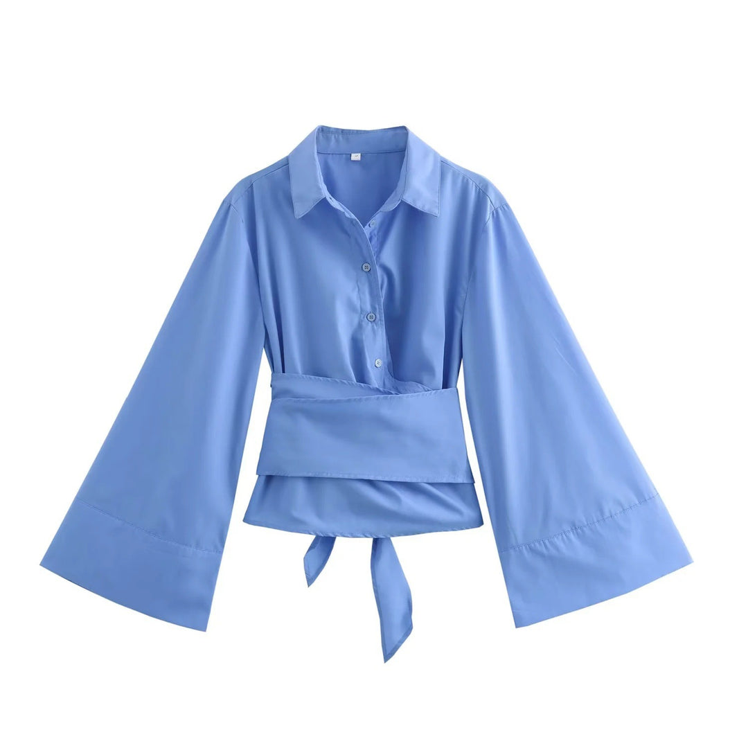 Women 200+ elegant wrap blouse with wide kimono sleeves and waist tie Mune Fashion