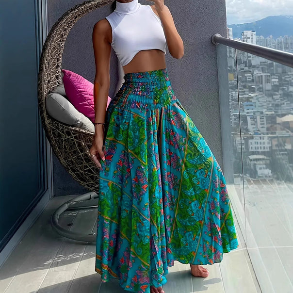 Women's maxi skirt with high smocked waistband and floral paisley look Mune Fashion