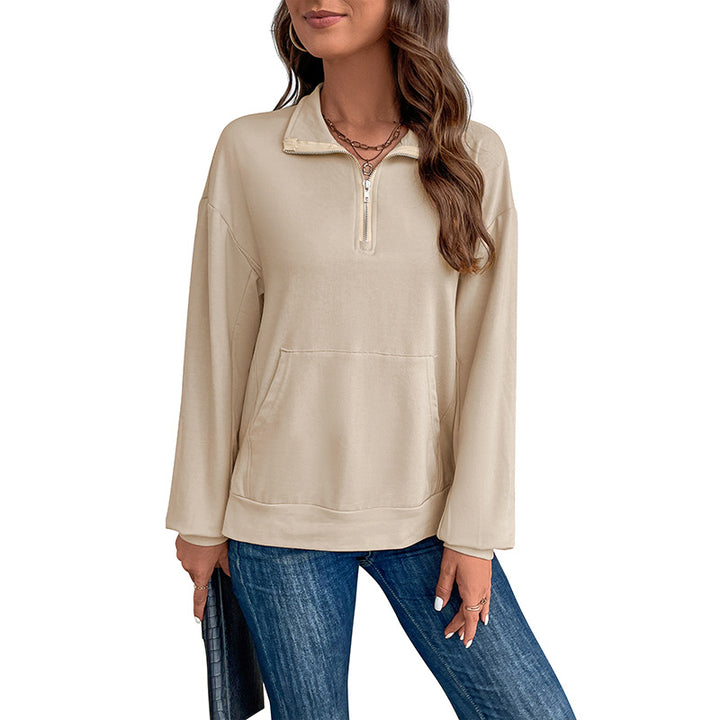 Women's Lightweight Half-Zip Sweatshirt in Relaxed Fit with Kangaroo Pocket and Stand-Up Collar Mune Fashion