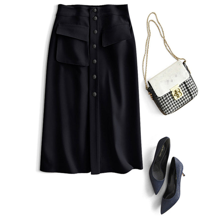Women's High-Waisted Midi Skirt with Front Button Placket & Patch Pockets Mune Fashion