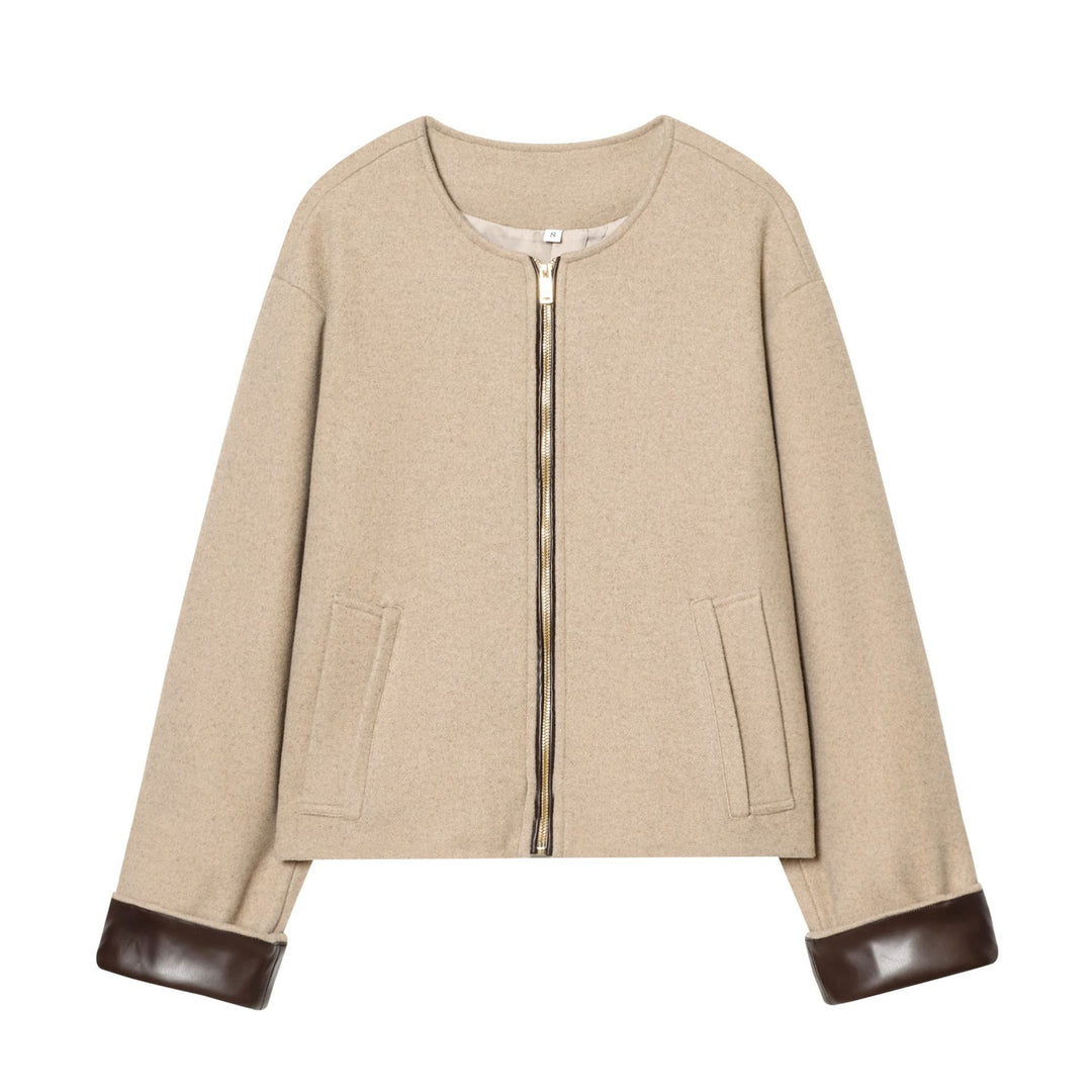 Women's short wool blend blouson with round neck, gold-colored zipper, and leather trim on cuffs Mune Fashion