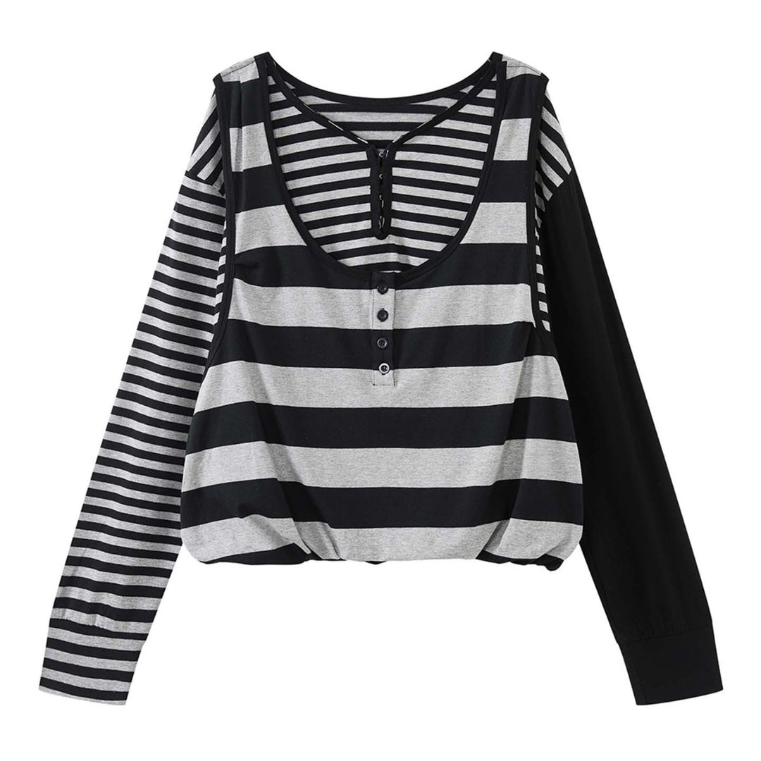 Women Oversized Stripe Henley Shirt with Button Placket and Drop Shoulder Mune Fashion