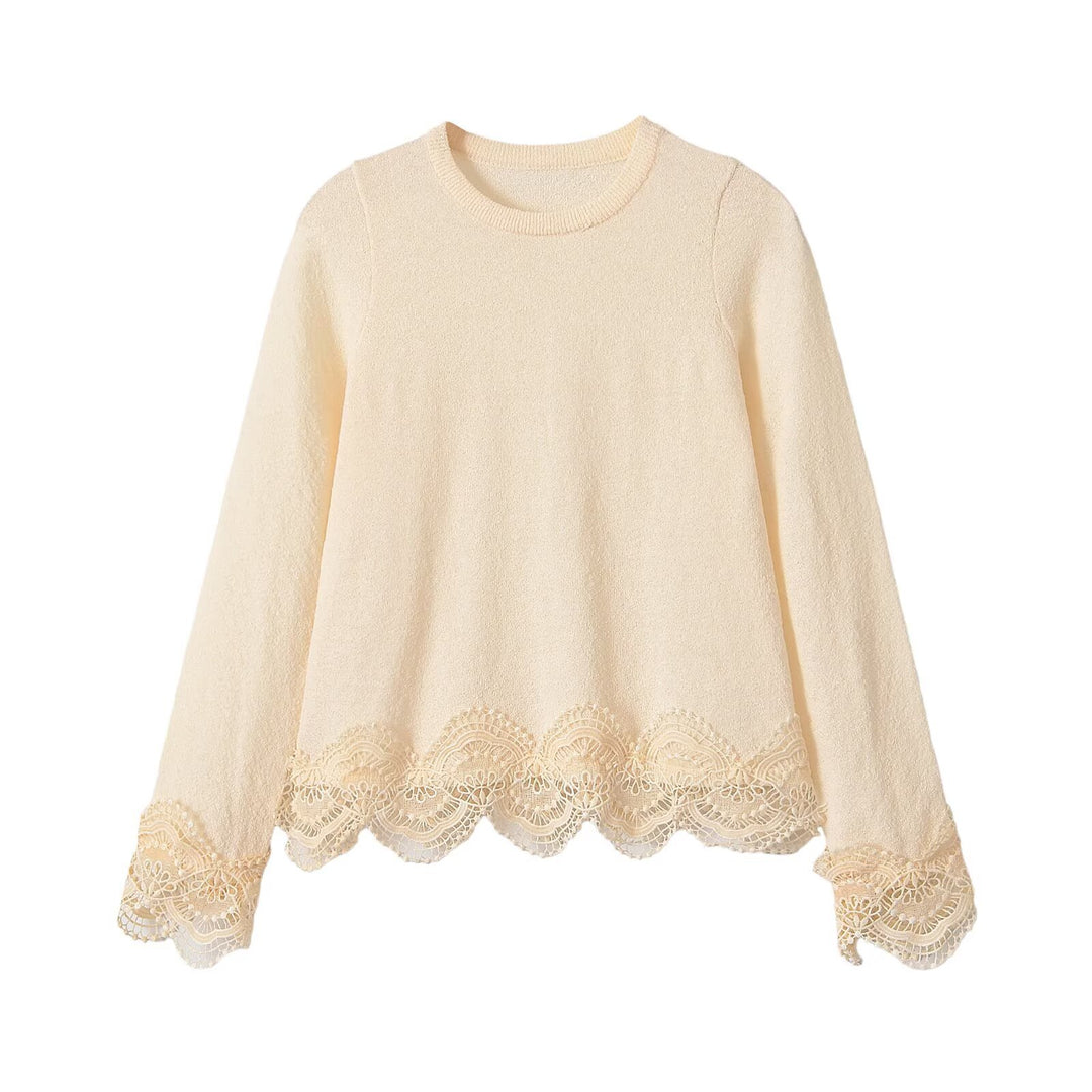 Women's fine knit sweater with lace trim and scalloped edge Mune Fashion
