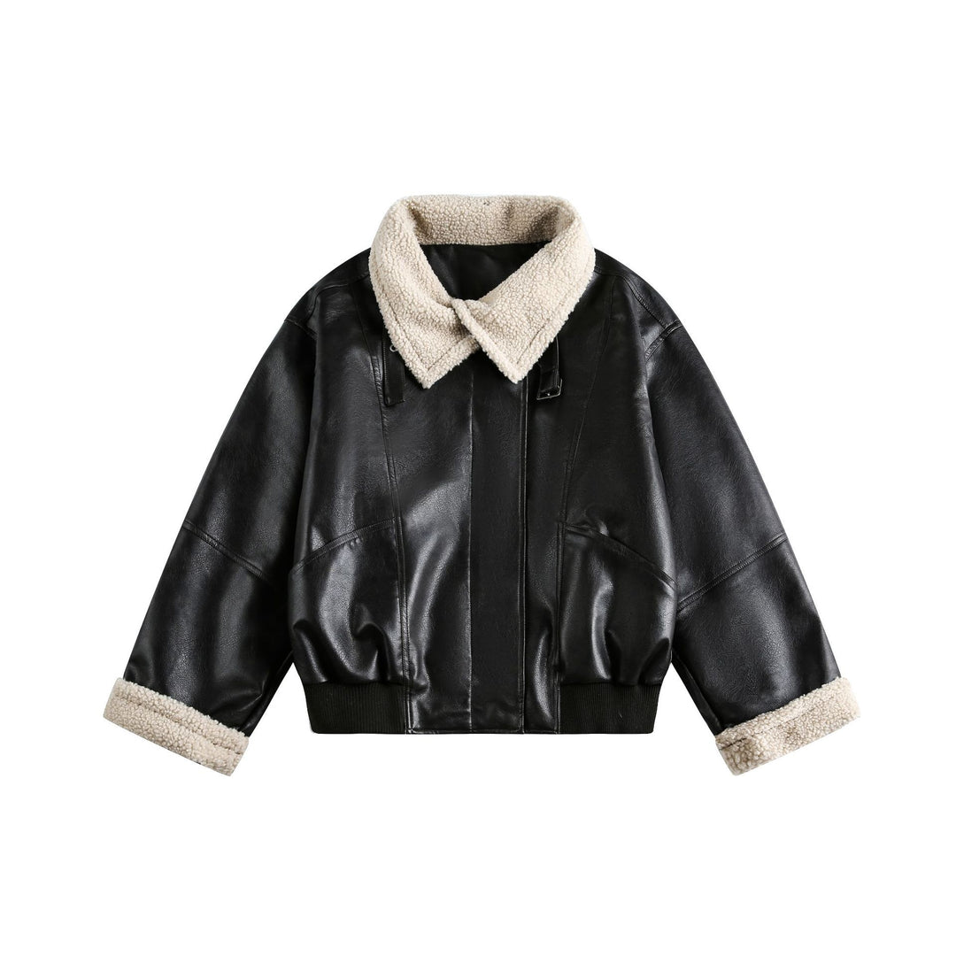 Women’s Modern Aviator Blouson made of vegan leather with teddy collar and contrasted sleeve cuffs Mune Fashion
