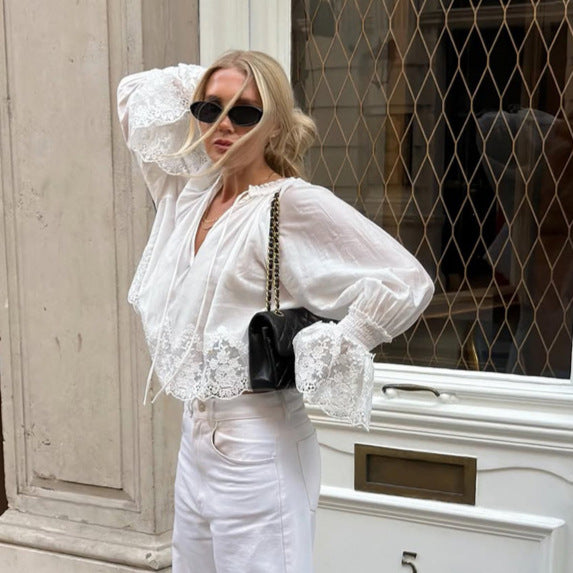 Women's Transparent Lace Blouse Top with Bell Sleeves and Crochet Trim Mune Fashion