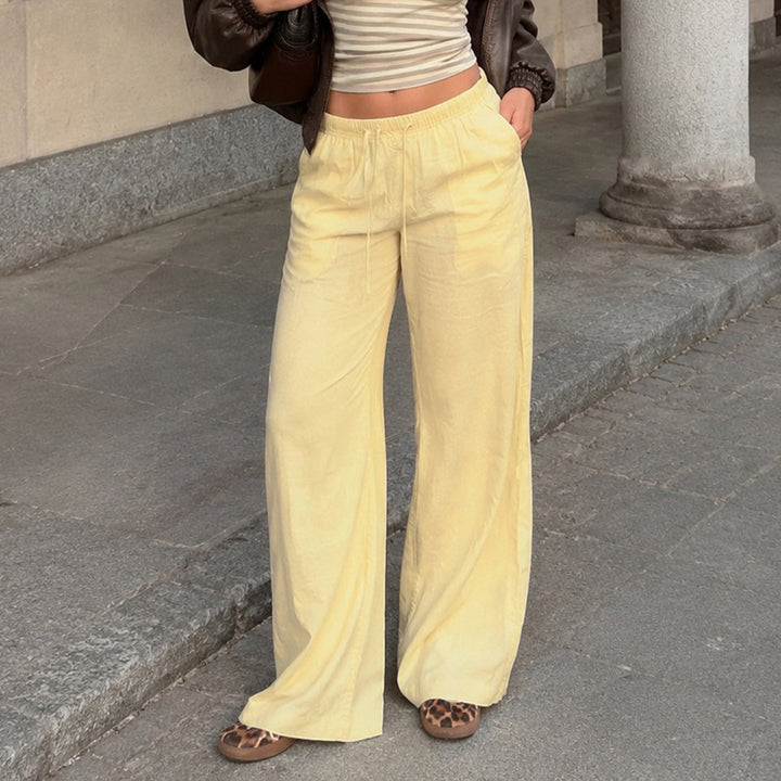 Women's Linen Lounge Pants with Wide Leg, Drawstring and Side Pockets Mune Fashion
