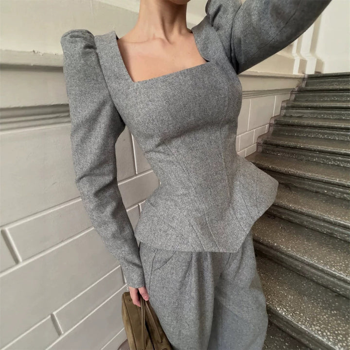Women's Tailored Corset Blazer Top with Square Neckline, Peplum and Emphasized Shoulders Mune Fashion