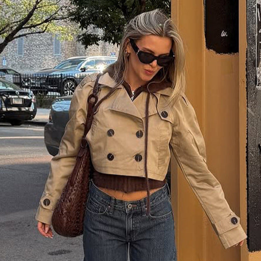 Women's Short-Cut Trench Blouson with Double-Breasted Button Placket and Shortened Silhouette Mune Fashion