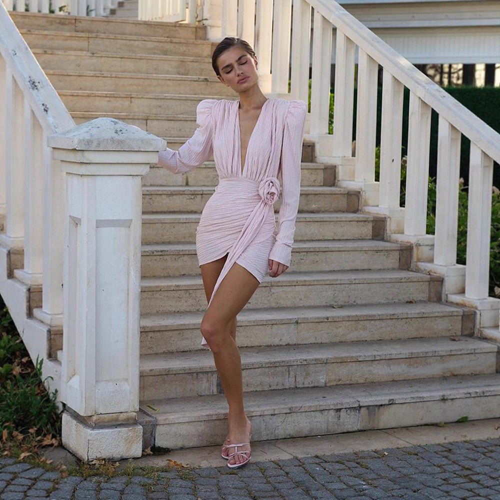 Women's Pleated Wrap Mini Dress with Deep V-Neck, Puff Sleeves, and Waist Rose Detail
