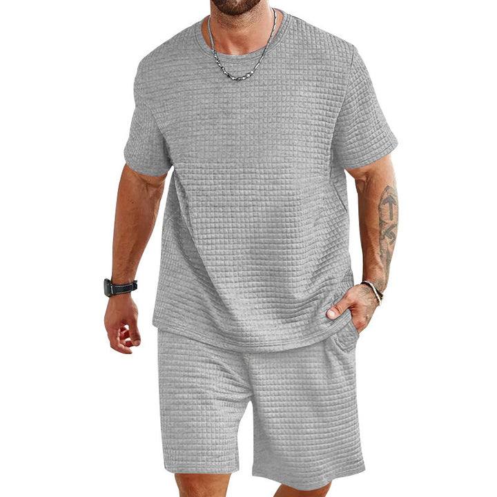 Men's light leisure two-piece set in waffle structure with round neck T-shirt and comfortable shorts Mune Fashion
