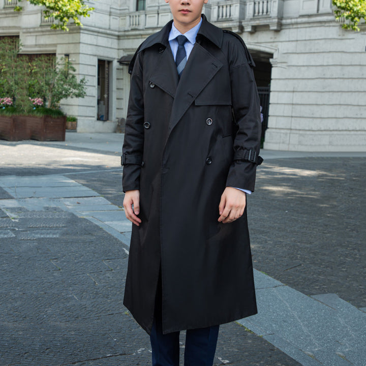 Men's longer double-breasted trench coat with classic lapels, belt and epaulettes Mune Fashion