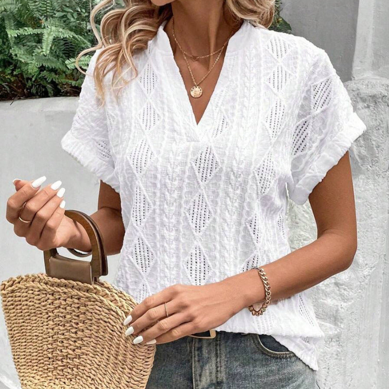 Ladies light ajour knit tunic with V-neck, diamond pattern and rolled-up sleeves Mune Fashion