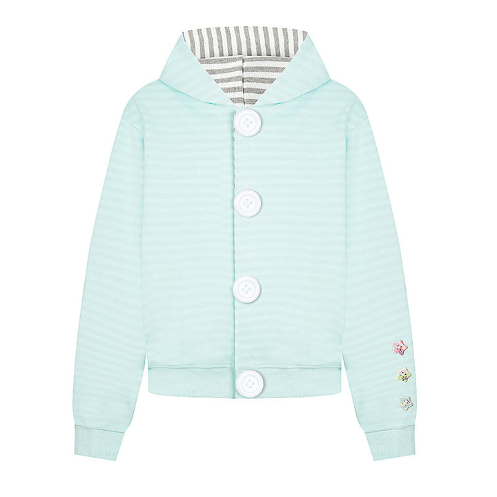 Women's hooded sweat jacket with oversized buttons, striped inner lining, and ribbed cuffs.