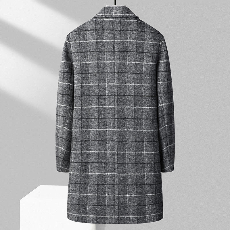 Men's Checked Wool Blend Short Coat with Slim Silhouette and Notched Lapel Mune Fashion