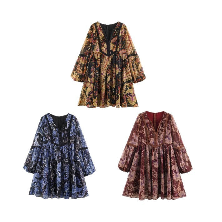 Women’s Boho Mini Dress with V-Neck, Lace Trim and Balloon Sleeves Mune Fashion