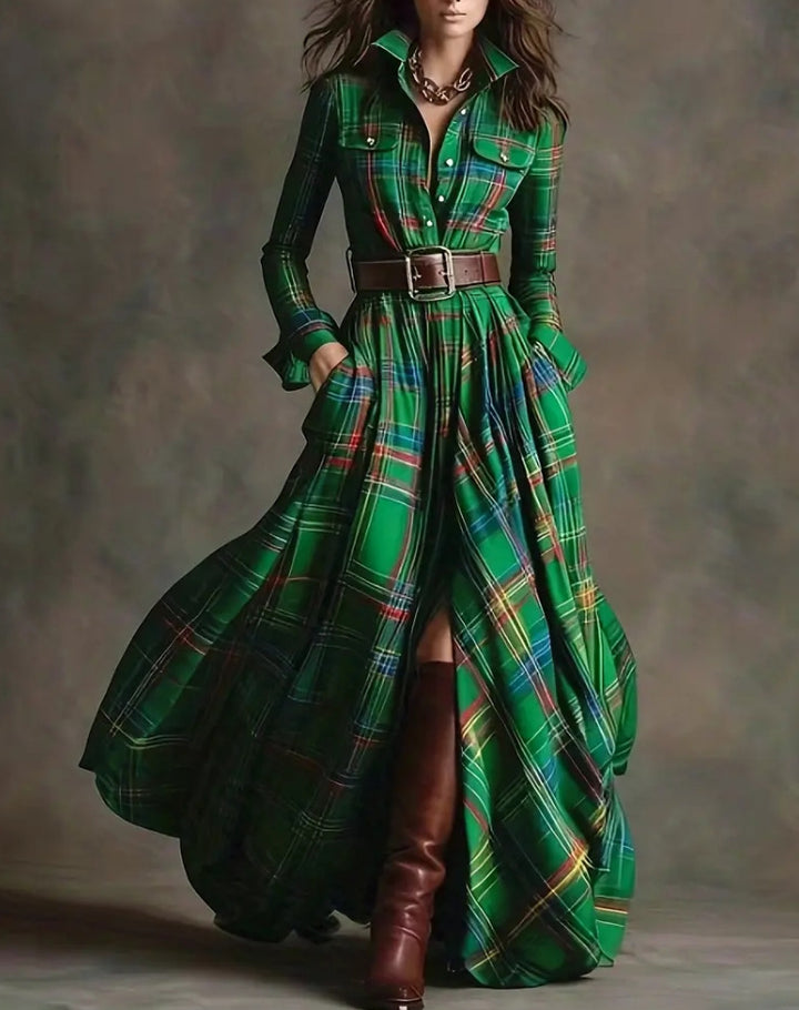 Women checked maxi dress shirt dress with flared skirt and wide waistband Mune Fashion