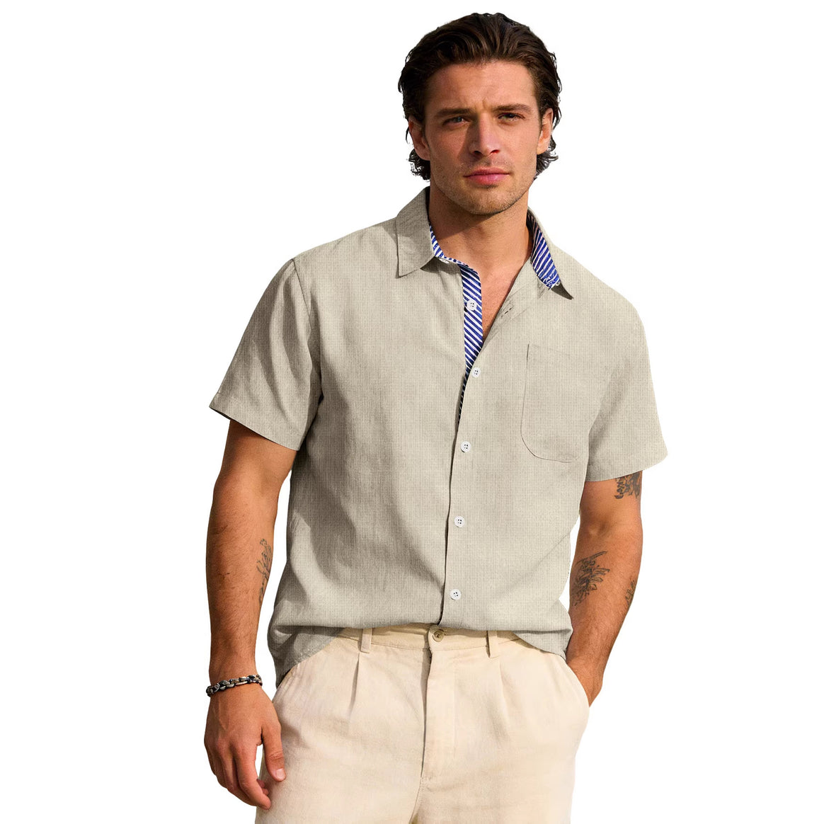 Men's Business Casual Short Sleeve Shirt with Striped Collar Lining and Chest Pocket Mune Fashion