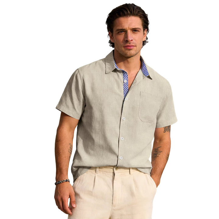 Men's Business Casual Short Sleeve Shirt with Striped Collar Lining and Chest Pocket Mune Fashion