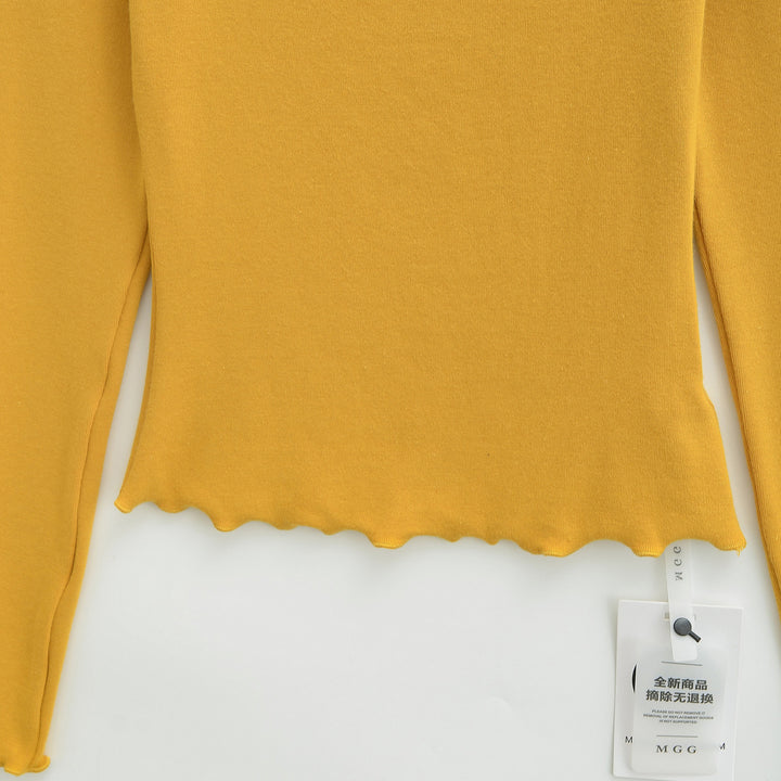 Women Fitted Long Sleeve Fine Knit Top with Square Neckline and Wave Hem Mune Fashion