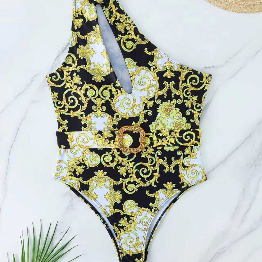 Ladies' one-piece swimsuit with asymmetrical cut and elegant belt Mune Fashion