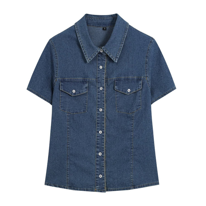 Women's Short Sleeve Denim Shirt Dress with Full Button Placket and Chest Flap Pockets Mune Fashion