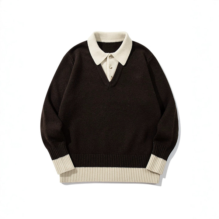 Men's Polo Collar Knitted Sweater with Button Placket and Contrasting Cuffs Mune Fashion