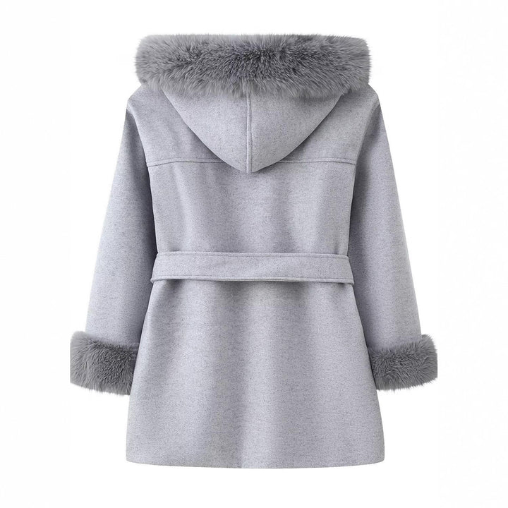 Women's Hooded Wool Blend Coat with Tie Belt and Faux Fur Trim Mune Fashion