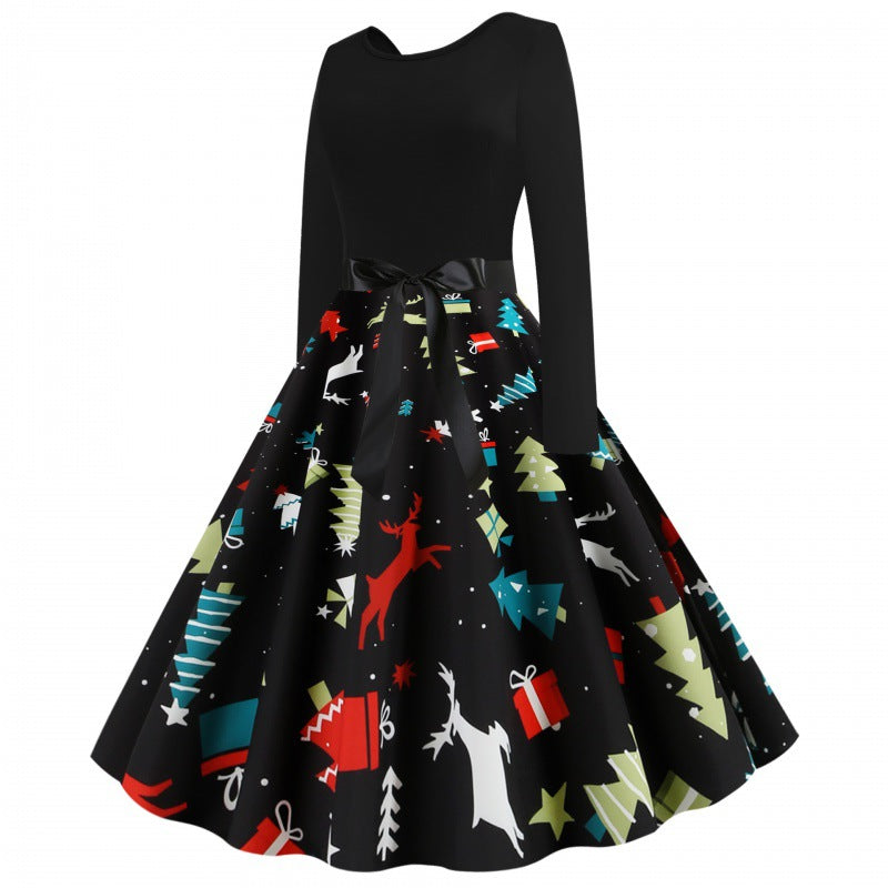 Women Tailored Retro Dress with Voluminous Flared Skirt and Christmas Print Mune Fashion
