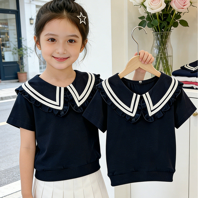 Girls T-shirt with elegant ruffled collar and maritime stripes Mune Fashion