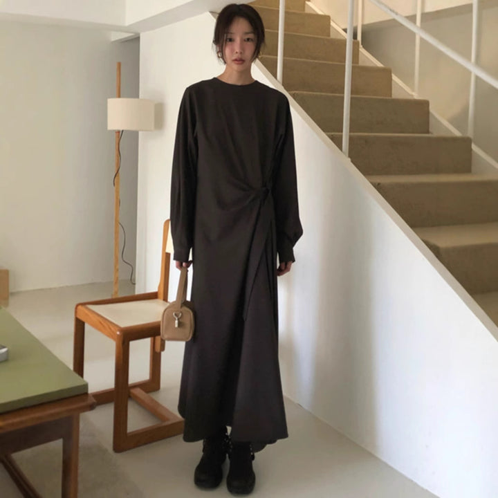 Women Long Jersey Maxi Dress with Side Knot Draping and Wide Hem Mune Fashion