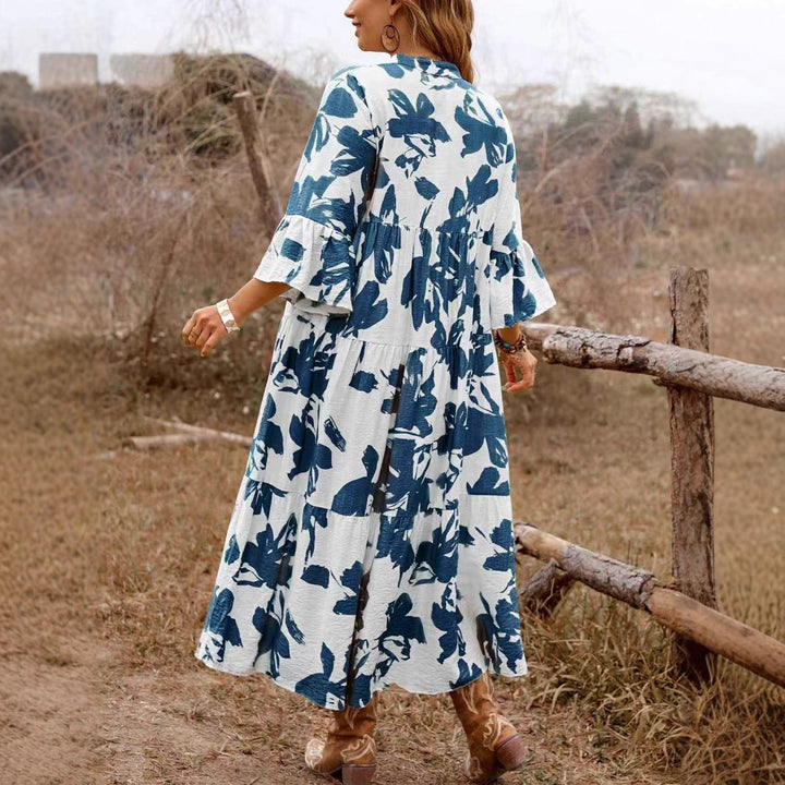 Women's Long Tiered Dress with V-Neck, Button Placket and Ruffled Sleeves Mune Fashion