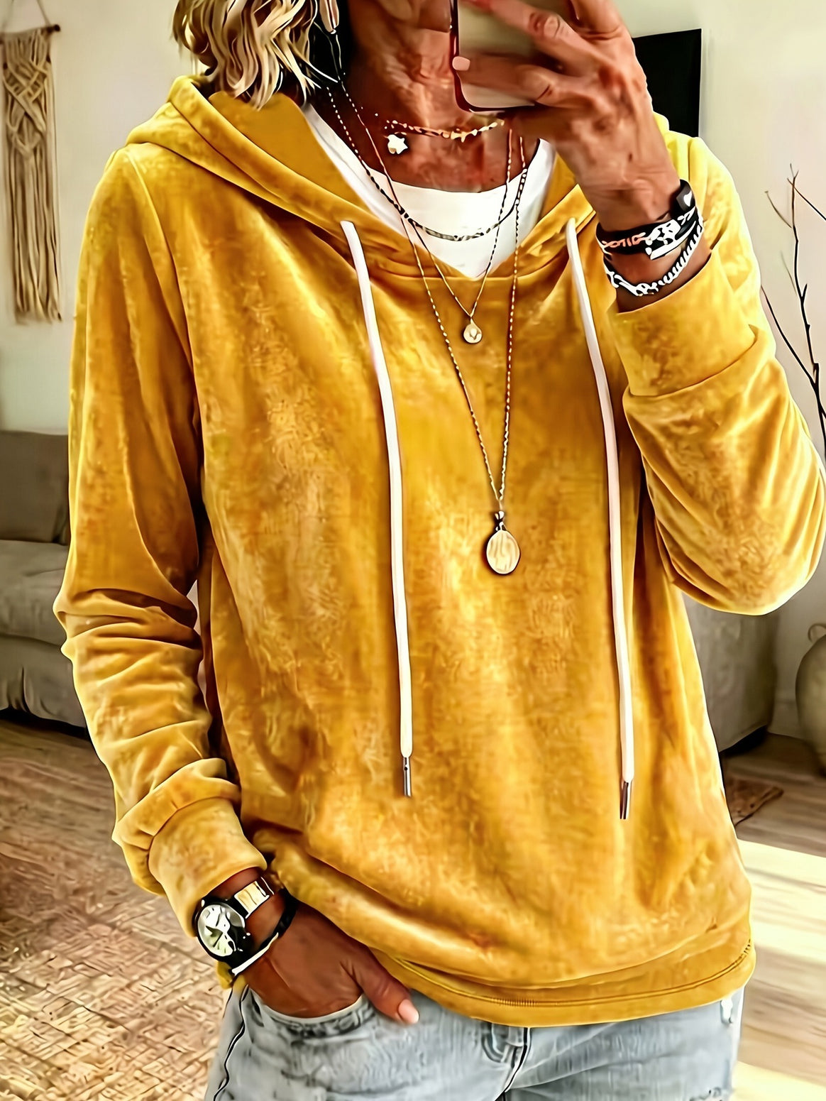 Women's Velvet Hooded Sweatshirt with Relaxed Fit and Drawstring Mune Fashion