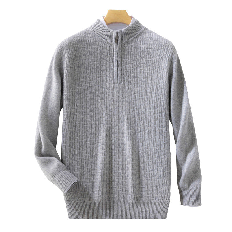 Men's Semi-high Fine Knit Sweater with Short Stand-Up Collar and Half Zipper Mune Fashion