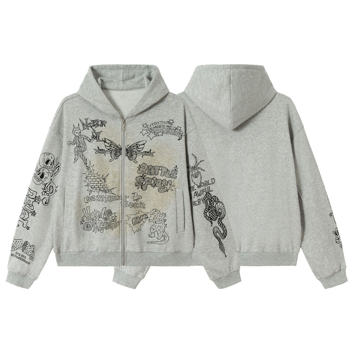 Women Oversized Hooded Jacket with Zipper, High Collar and Graphic Tattoo Prints Mune Fashion