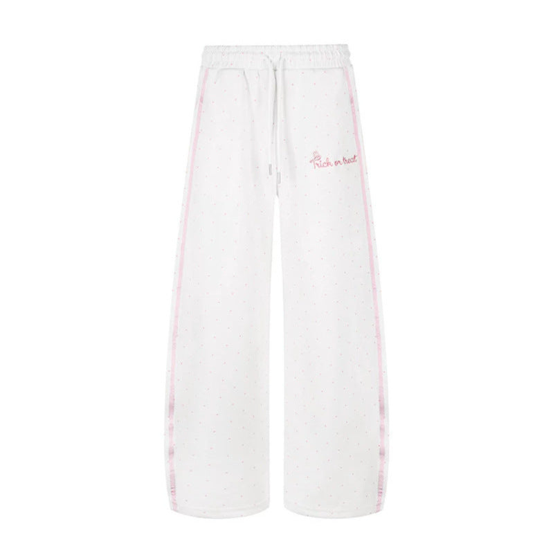 Women's Extra Wide Palazzo Sweatpants in Polka Dot Design with Elastic Comfort Waistband and Side Contrast Stripes Mune Fashion