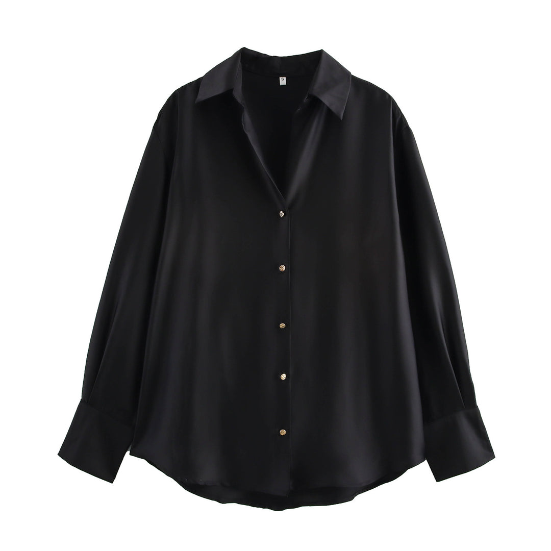 Women's oversized satin blouse with shirt collar, extended cuffs and rounded hem Mune Fashion